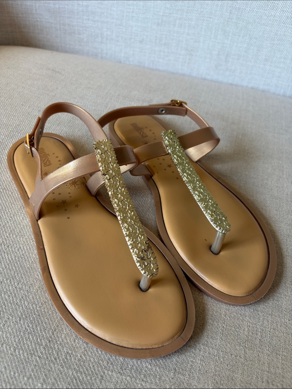 Melissa Size 9 Slim Sandals II with Bronze Gold Metallic Star Accent